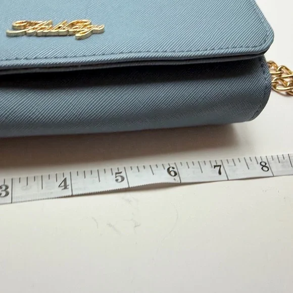Saffiano Light Blue Crossbody Bag with Gold Chain Strap - Picture 7 of 10